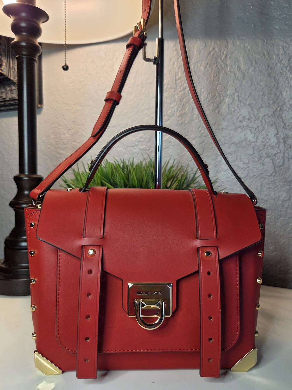 Michael Kors Manhattan Medium Flame Red Leather Satchel Crossbody